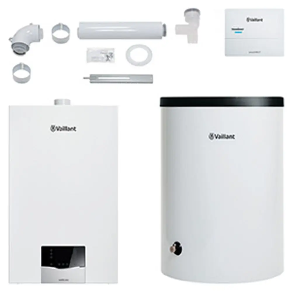 Vaillant-Gerät, bestehend aus einem weißen Heizkessel, einem Warmwasserspeicher, mehreren Rohren und Montagezubehör, angeordnet auf weißem Hintergrund.